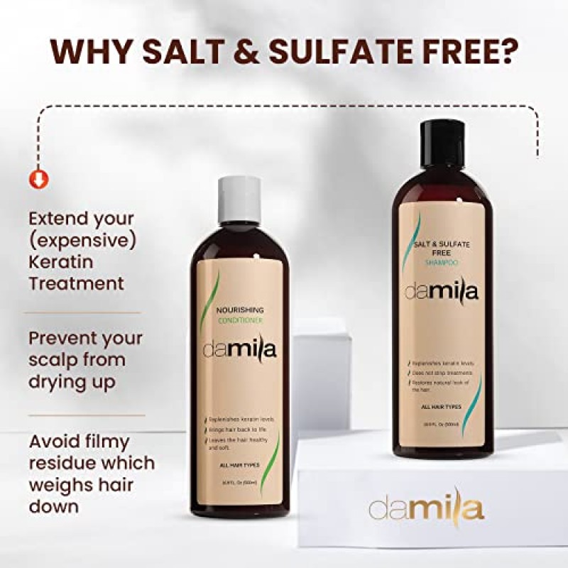 각질 및 염색 모발용 Damila Salt & Sulfate Free 샴푸 & 컨디셔너 - 손상되고, 곱슬거리고, 곱슬거리고, 건조하고 얇은 모발을 위한 전문 케라틴 밸류 팩 - 샴푸 Sin Sal - 33.8 Fl Oz