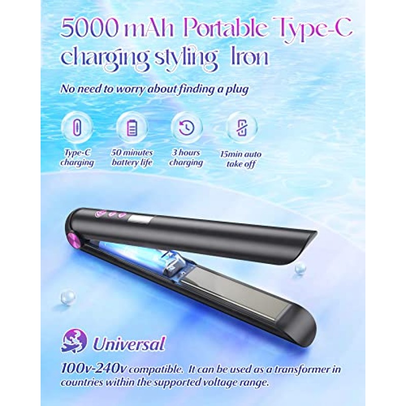 무선 머리 고데기, 5000mAh Type-C 충전식 세라믹 플랫 아이언, 8단계 조절 가능한 고속 가열 플로팅 플레이트, 모든 모발 유형에 적합한 휴대용 머리 고데기 및 컬러 2 in 1(검은색)