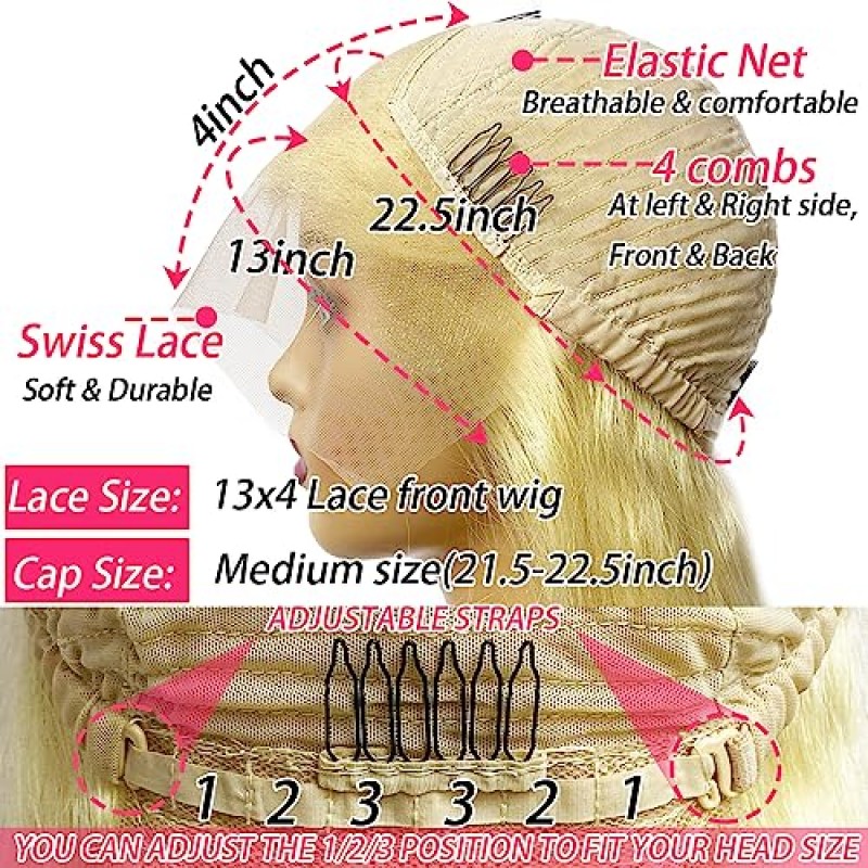 UKASI 613 금발 밥 가발 인모 13X4 정면 레이스 가발 프리 파트 짧은 금발 밥 가발 여성용 Pre 뽑은 표백 매듭 180% 밀도 아기 머리카락 613 밥 가발 실제 길이 10인치