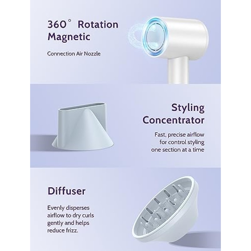 블로우 드라이어, 스크린 디스플레이가 장착된 전문 헤어 드라이어, 110000RPM 고속 브러시리스 모터, 지능형 항온, 2-in-1 부착물이 포함된 속건성 헤어 케어 드라이어, 홈 살롱용