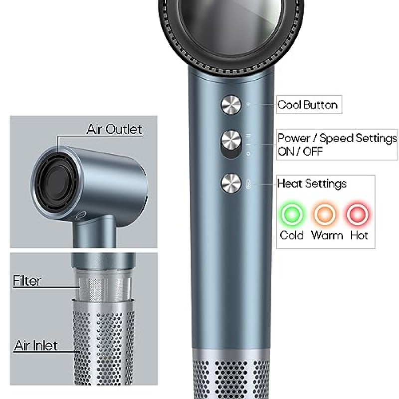 헤어 드라이어, 110000RPM 브러시리스 모터를 탑재한 고속 블로우 드라이어, 전문 헤어 케어를 위한 2억 음이온 방출, 미용실/여행용 온도 조절 컴팩트 헤어드라이어
