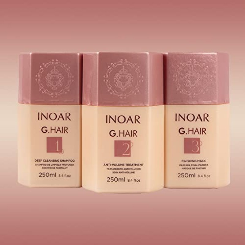 INOAR – G.Hair 케라틴 스무딩 시스템 키트, 딥 클리닝 샴푸, 안티 볼륨 트리트먼트, 마무리 마스크, 남성 및 여성용 비건 헤어케어(각 6.45fl. oz.)