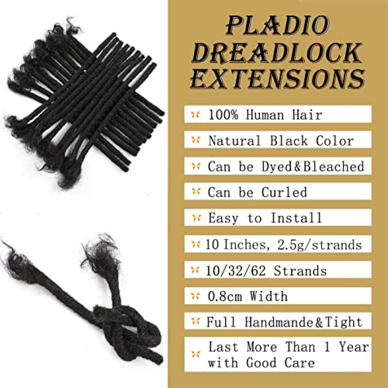 PLADIO 인간의 머리 Dreadlock 확장 0.8cm 10 인치 32 가닥 수제 소프트 Locs 남성과 여성을위한 실제 인간의 머리 Dreadlock 확장