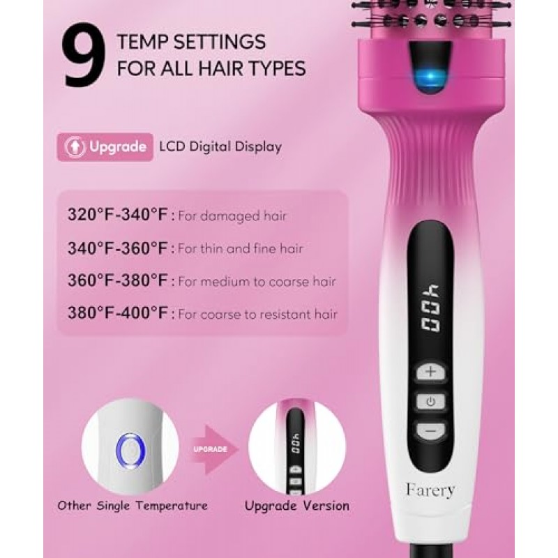 FARERY 핫 브러시 세라믹 토르말린 이온 열 브러시, 이중 MCH 가열 컬링 아이언 브러시, 빠른 가열로 부드럽고 매끄러운 모발 생성, 디지털 디스플레이 9 온도 볼류마이징 브러시, 이중 전압(1.5인치)