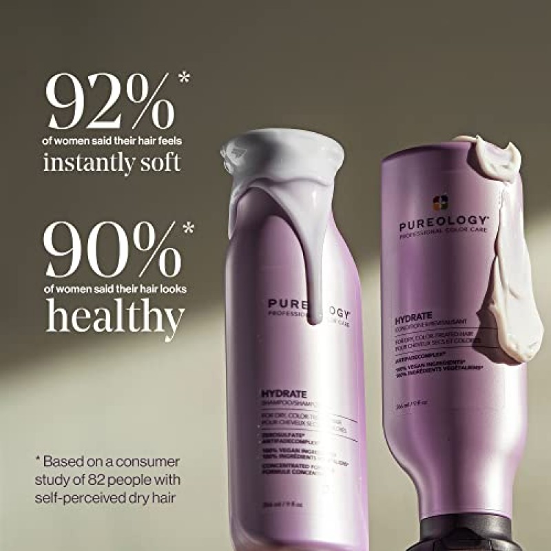 Pureology 하이드레이트 모이스처라이징 샴푸 및 컨디셔너 세트 | 건조한 모발을 부드럽게 하고 깊게 수분을 공급합니다 | 중간에서 두꺼운 컬러로 처리된 모발용 | 황산염 없음 | 비건