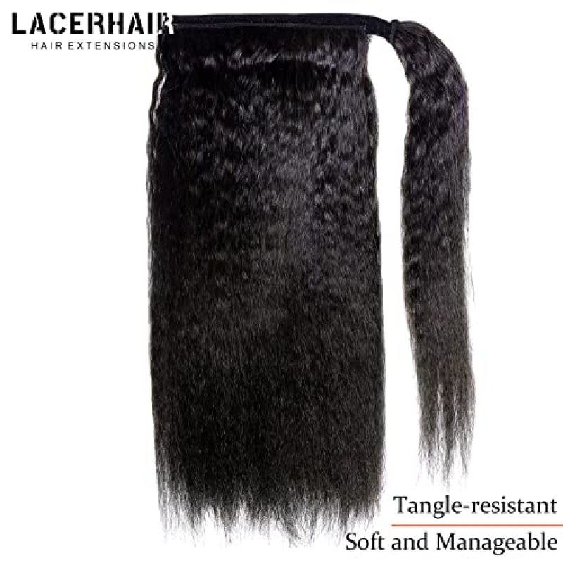 Lacerhair 킨키 스트레이트 랩 포니테일 헤어 익스텐션 클립 포함 검정색 실제 인모 100% 처리되지 않은 라이트 야키 포니테일