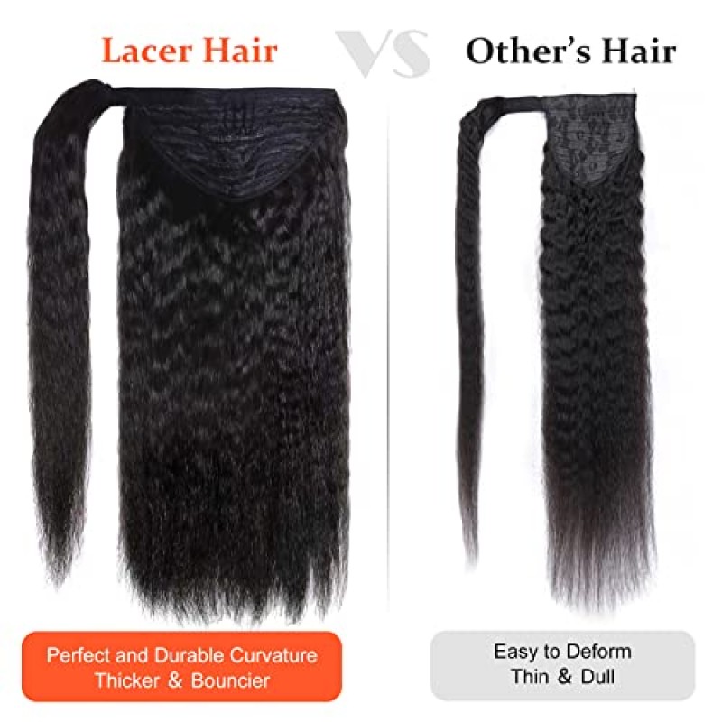 Lacerhair 킨키 스트레이트 랩 포니테일 헤어 익스텐션 클립 포함 검정색 실제 인모 100% 처리되지 않은 라이트 야키 포니테일