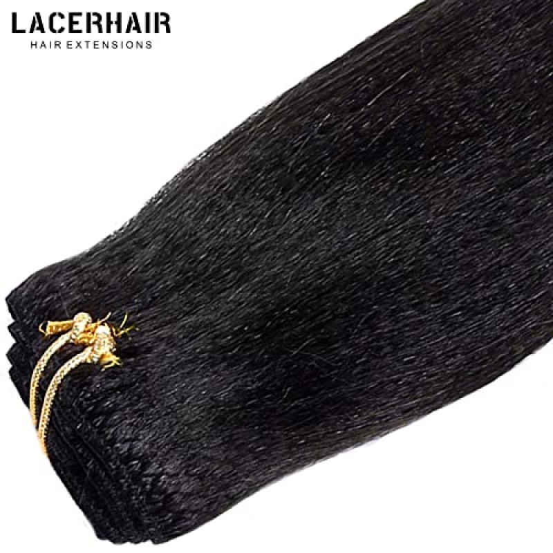 Lacerhair 킨키 스트레이트 랩 포니테일 헤어 익스텐션 클립 포함 검정색 실제 인모 100% 처리되지 않은 라이트 야키 포니테일