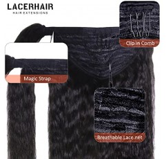 Lacerhair 킨키 스트레이트 랩 포니테일 헤어 익스텐션 클립 포함 검정색 실제 인모 100% 처리되지 않은 라이트 야키 포니테일