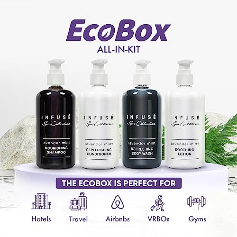 Terra Pure A 인퓨즈 라벤더 민트 10.14온스 20피스 EcoBox 올인 키트 300ml 병 - 샴푸 6개, 컨디셔너 4개, 바디워시 6개, 로션 4개.