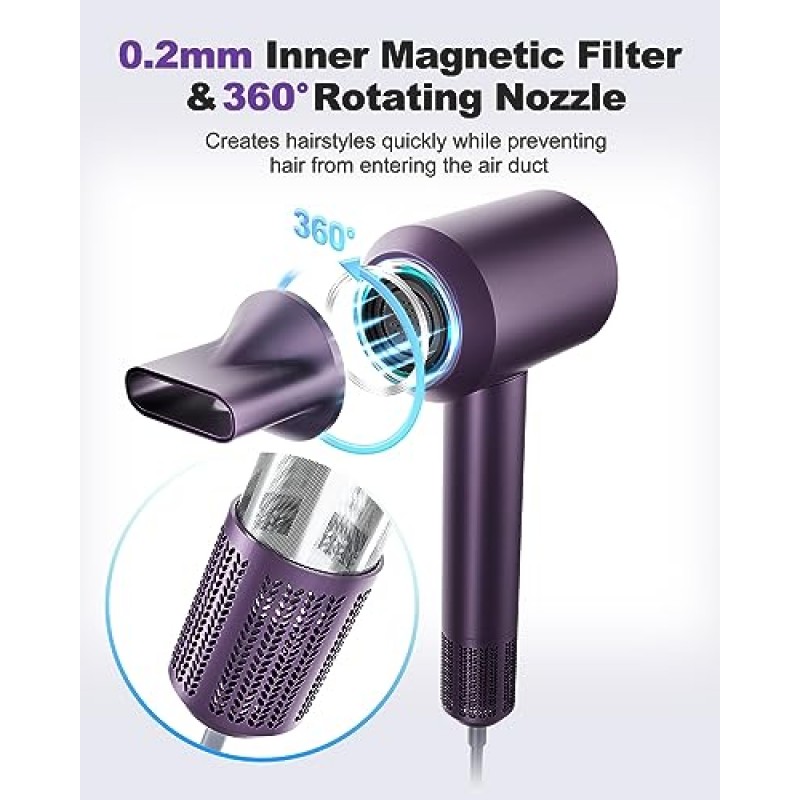 7MAGIC 고속 헤어 드라이어, 빠른 건조를 위한 110,000RPM 브러시리스 모터, 3색 LED 조명 링이 있는 1400W 블로우 드라이어, 가정 및 여행용 저소음 이온 헤어 드라이어, 자석 노즐, 보라색