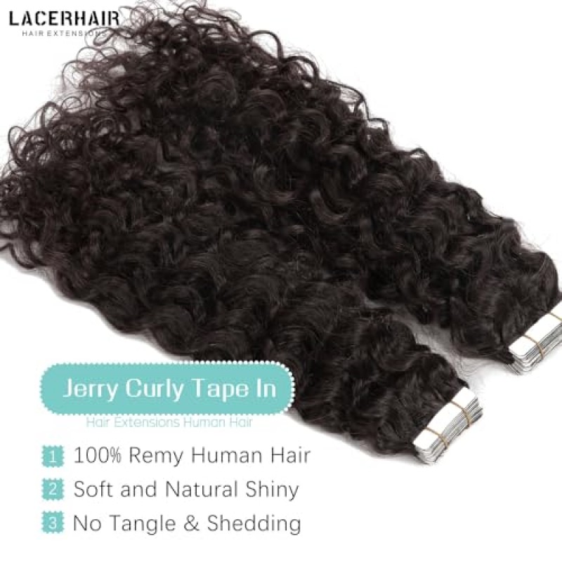 Lacerhair 변태 곱슬 머리 테이프 확장 인간의 머리카락 가장 어두운 갈색 9A 처리되지 않은 실제 헤어 테이프 확장 흑인 여성을위한 인간의 머리카락 제리 컬리 #2 20인치 100그램 40개