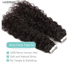 Lacerhair 변태 곱슬 머리 테이프 확장 인간의 머리카락 가장 어두운 갈색 9A 처리되지 않은 실제 헤어 테이프 확장 흑인 여성을위한 인간의 머리카락 제리 컬리 #2 20인치 100그램 40개