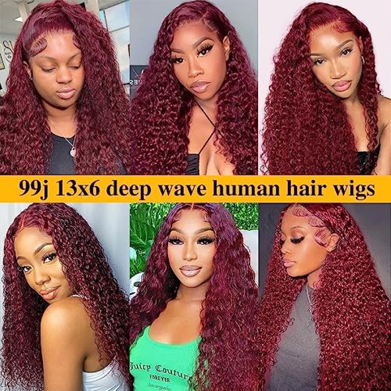 Fuduete 99J 딥 웨이브 13x6 HD 투명한 레이스 프론트 인간의 머리 가발 흑인 여성을 위한 180% 밀도 버건디 딥 컬리 레이스 정면 가발 자연 헤어라인(24인치)으로 미리 뽑음
