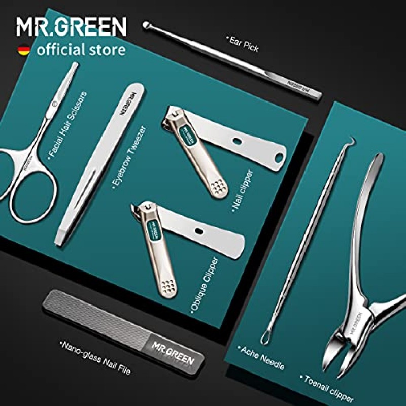 MR.GREEN 매니큐어 세트 페디큐어 키트 스테인레스 스틸 손톱깎이 PU 가죽 케이스가 포함된 개인 관리 도구(녹색)