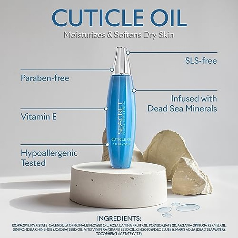 SEACRET CUTICLE OIL: 금송화, 아르간, 호호바, 스위트 아몬드, 포도씨 오일, 비타민 E가 함유된 사해 미네랄 네일 케어 트리트먼트, 모든 손톱 유형을 보호하고 부드럽게 함, 이스라엘산, 1온스