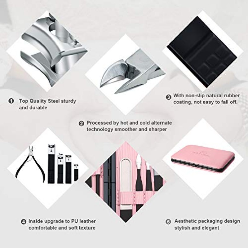 매니큐어 세트 전문 손톱깎이 키트 페디큐어 관리 도구 - 스테인레스 스틸 여성 그루밍 키트 18Pcs 여행 또는 가정용 (핑크)