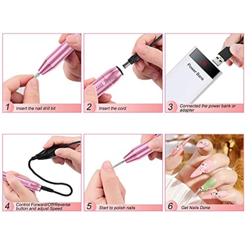 COSITTE 전기 네일 드릴, 아크릴 네일 키트용 USB 전기 네일 드릴 머신, 휴대용 전기 네일 파일 연마 도구 매니큐어 페디큐어 키트 홈 살롱, 핑크용 Efile 네일 용품