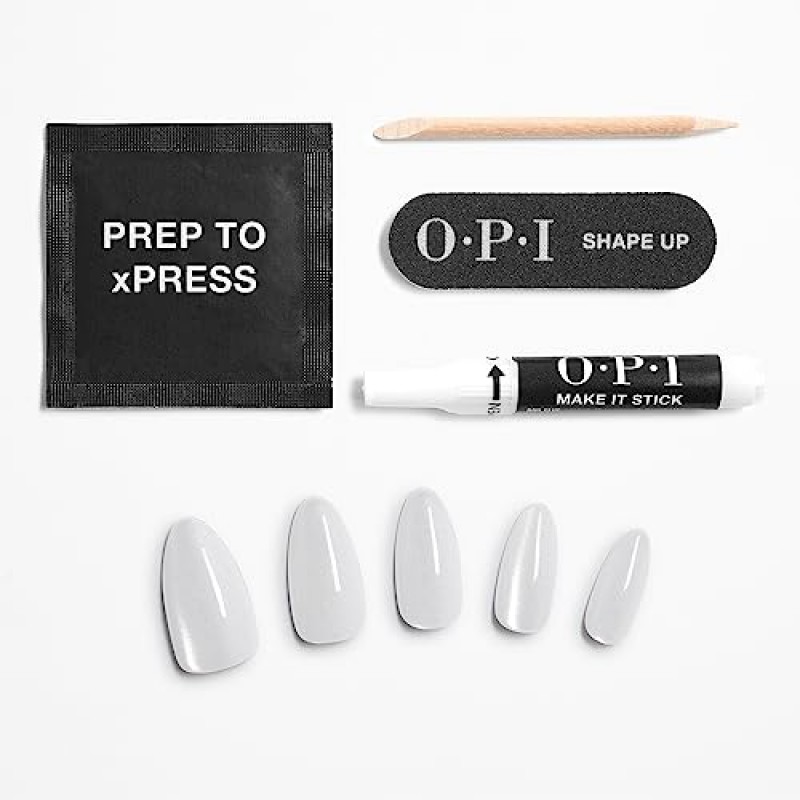 OPI xPRESS/ON 프레스 온 네일, 최대 14일 동안 사용 가능한 젤 같은 살롱 매니큐어, 비건, 지속 가능한 포장, 네일 접착제 포함, 긴 흰색 벨벳 아몬드 모양 네일, 유리 슬리퍼