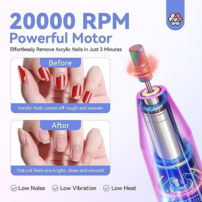 Saviland Holographic Electric Nail Drill Pro Ultra-Silence 2023: 아크릴 네일용 업그레이드된 전기 네일 파일 플러스 네일 드릴 비트를 사용한 손톱 제거 및 네일 관리용 전문가 큐티클 오일 매니큐어