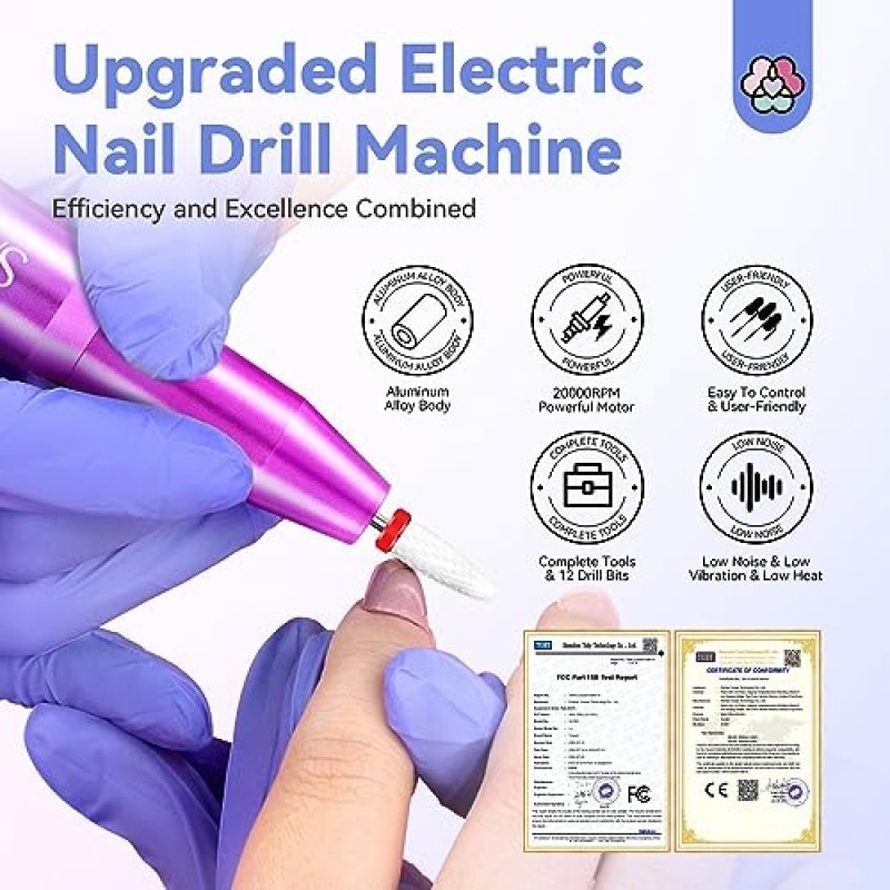 Saviland Holographic Electric Nail Drill Pro Ultra-Silence 2023: 아크릴 네일용 업그레이드된 전기 네일 파일 플러스 네일 드릴 비트를 사용한 손톱 제거 및 네일 관리용 전문가 큐티클 오일 매니큐어