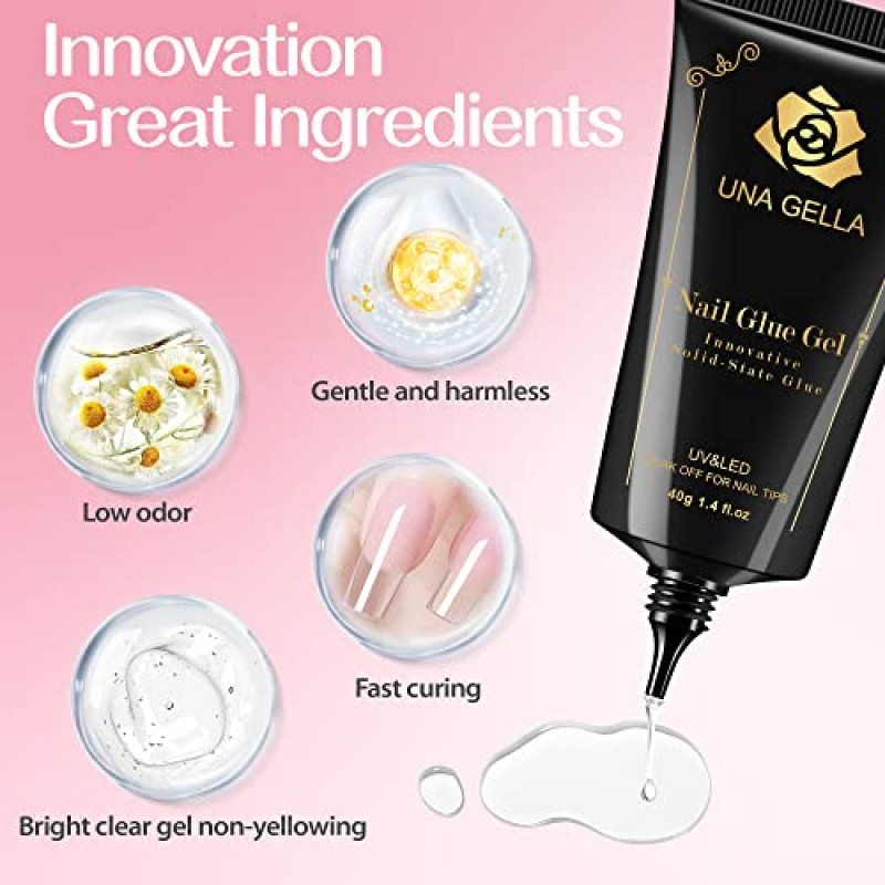 UNA GELLA 솔리드 네일 팁 글루 젤 2 * 40ml 램프 경화 필요 소프트 젤 네일 팁 담그기 아크릴 손톱 확장을 위한 초강력 네일 접착제 젤 가짜 네일 팁 젤 젤리 팁을 위한 접착제 누르기