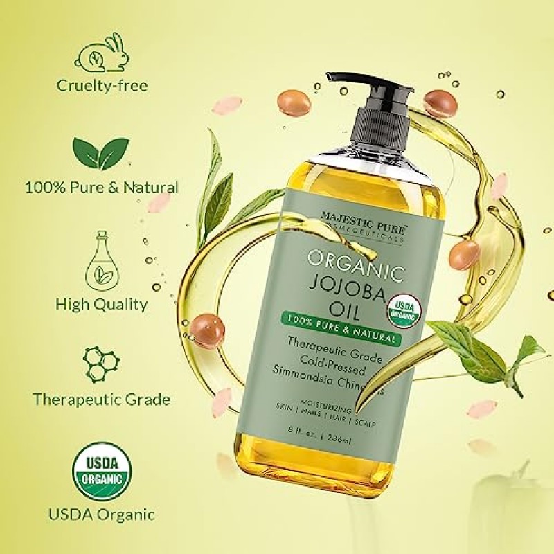 MAJESTIC PURE USDA 유기농 호호바 오일 - 8 Fl Oz | 피부, 모발, 두피, 손톱, 얼굴용 100% 순수 호호바 오일 유기농 | 냉간 압착 및 헥산 프리 | 헤어 & 바디 오일