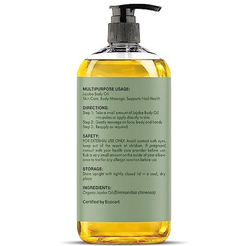 MAJESTIC PURE USDA 유기농 호호바 오일 - 8 Fl Oz | 피부, 모발, 두피, 손톱, 얼굴용 100% 순수 호호바 오일 유기농 | 냉간 압착 및 헥산 프리 | 헤어 & 바디 오일