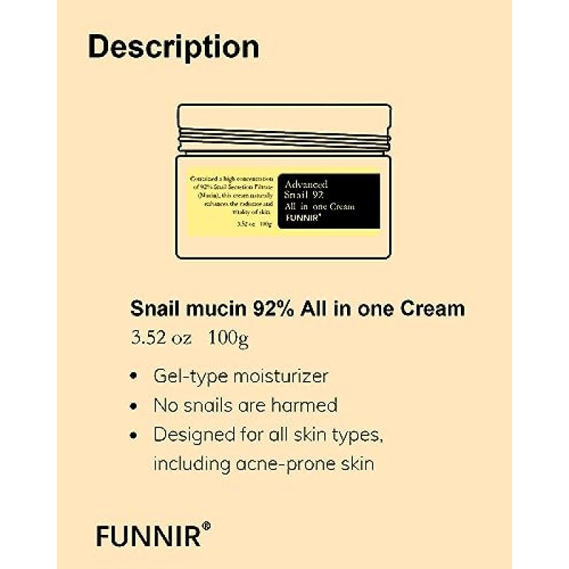 FUNNIR 달팽이 뮤신 92% 리페어 크림 페이스 모이스처라이저 100g, 모든 피부 타입을 위한 페이스 크림 젊고 빛나는 포뮬러, 스킨케어 제품