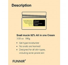 FUNNIR 달팽이 뮤신 92% 리페어 크림 페이스 모이스처라이저 100g, 모든 피부 타입을 위한 페이스 크림 젊고 빛나는 포뮬러, 스킨케어 제품