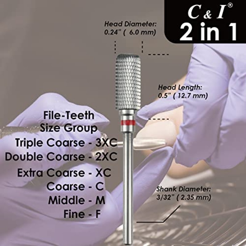 C & I 네일 드릴 2 in 1 라운드 코너 실린더 전기 매니큐어 드릴 머신용 E-파일 큐티클 관리 및 네일 젤 제거를 위한 네일 기술용 네일 파일(이중 거친 -XXC)