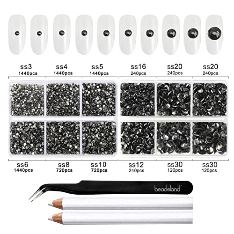 Beadsland 8300PCS 플랫백 라인스톤, 공예용 회색 라인스톤 라운드 크리스탈 라인스톤, 왁스 연필 및 핀셋 키트와 10가지 크기 혼합, SS3-SS30, 블랙 다이아몬드
