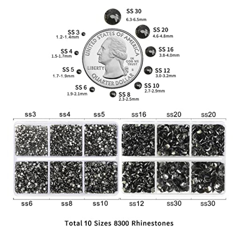 Beadsland 8300PCS 플랫백 라인스톤, 공예용 회색 라인스톤 라운드 크리스탈 라인스톤, 왁스 연필 및 핀셋 키트와 10가지 크기 혼합, SS3-SS30, 블랙 다이아몬드