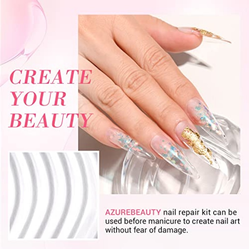 AZUREBEAUTY 네일 수리 키트 부서지고 갈라진 약한 손톱을 위한 투명한 크리스탈, 이상적인 솔루션 비상용 간편 퀵픽스 딥 파우더 28g 1Oz 네일 파일 네일 버퍼가 포함된 속건성 수리 접착제 10ml