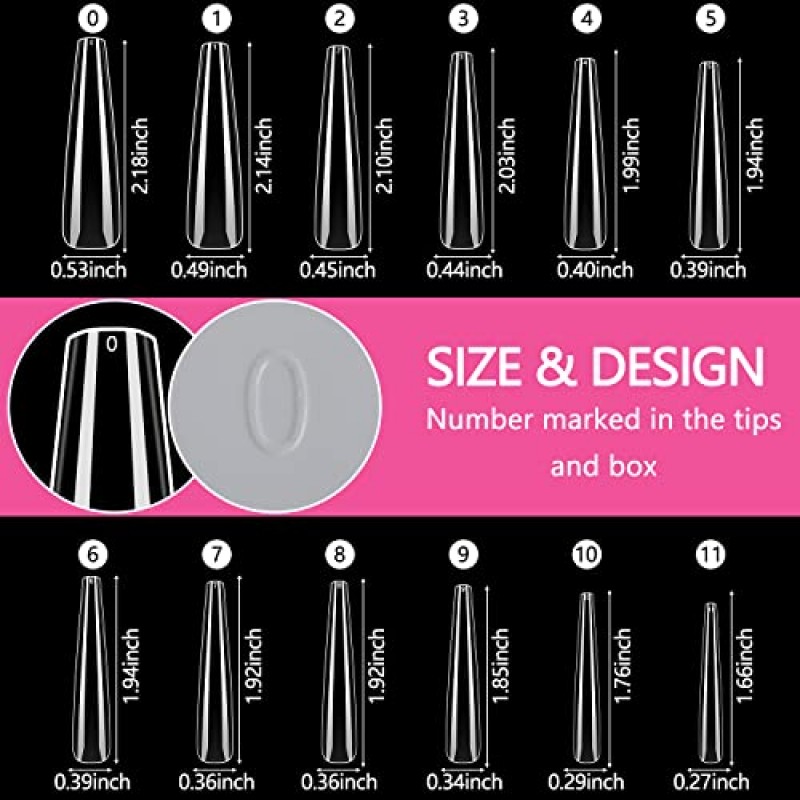 iNenk XXXL 코핀 네일 팁 풀 커버, 3XL 엑스트라 롱 54mm 코핀 네일 팁 샤프 풀 커버리지 클리어 네일 인공 손톱 케이스 포함, 손톱 프레스에 이상적 DIY 홈 매니큐어 및 살롱(12 사이즈 300PCS)