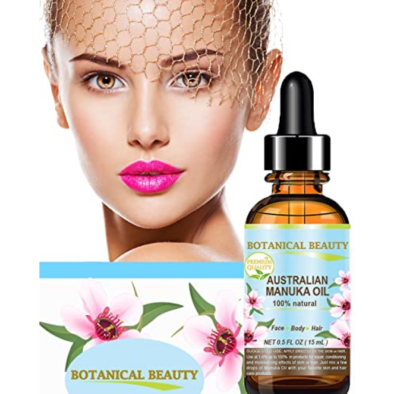 Botanical Beauty MANUKA OIL WILD GROWTH RAW 100% 천연 버진 비정제 냉간 압착 캐리어 오일. 피부, 얼굴, 헤어, 립, 네일 케어용. 노화 방지, 치유 0.5 Fl.oz.- 15 ml