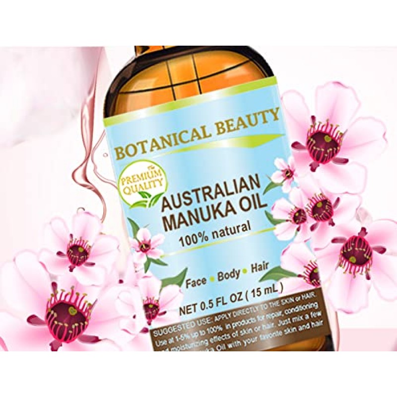 Botanical Beauty MANUKA OIL WILD GROWTH RAW 100% 천연 버진 비정제 냉간 압착 캐리어 오일. 피부, 얼굴, 헤어, 립, 네일 케어용. 노화 방지, 치유 0.5 Fl.oz.- 15 ml