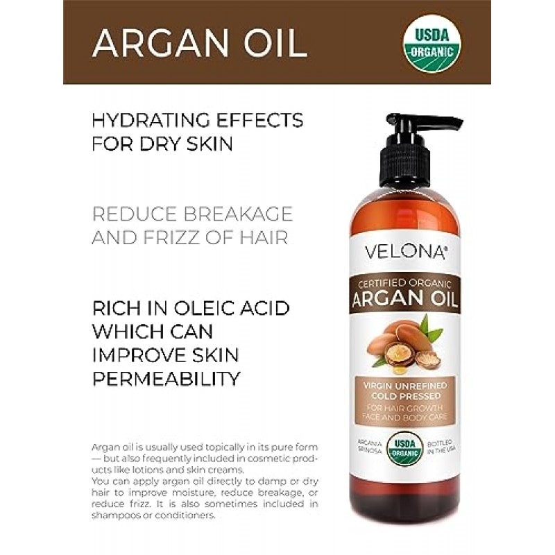 velona 아르간 오일 USDA 인증 유기농 - 16온스(펌프 포함) | 100% 순수 및 천연 | 모로코 오일 | 모발 성장 촉진, 피부, 신체 및 얼굴 관리 | 손톱 보호기 | 비정제, 냉압착…