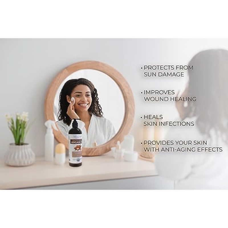 velona 아르간 오일 USDA 인증 유기농 - 16온스(펌프 포함) | 100% 순수 및 천연 | 모로코 오일 | 모발 성장 촉진, 피부, 신체 및 얼굴 관리 | 손톱 보호기 | 비정제, 냉압착…