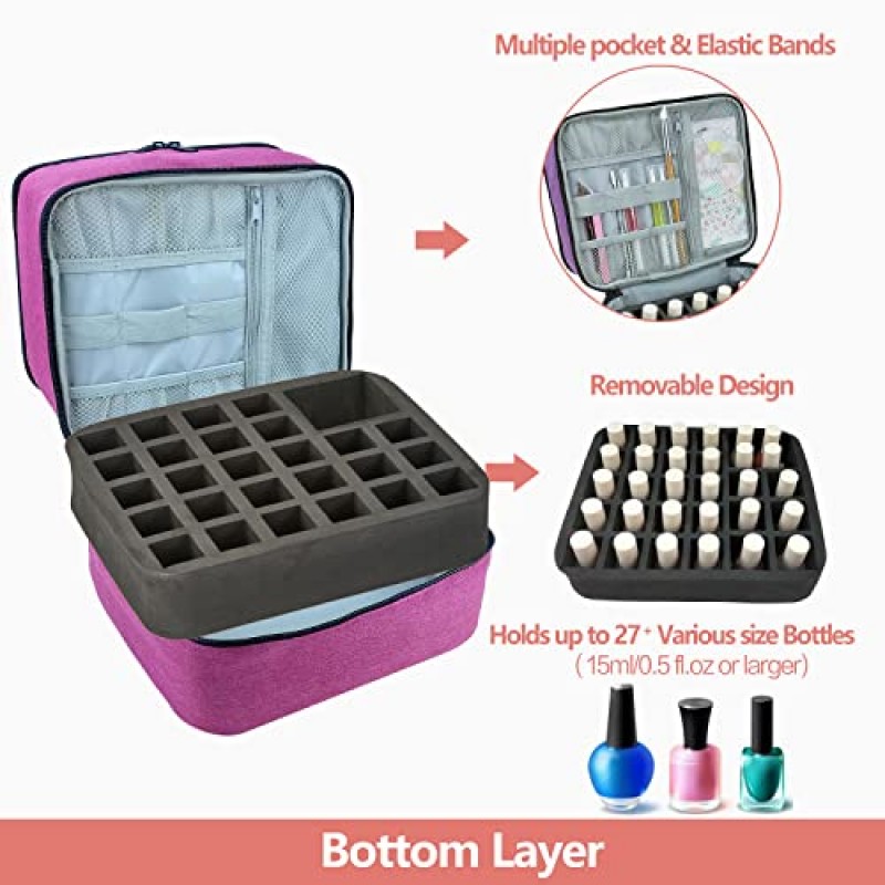 부루이스 매니큐어 정리함, 이중층 네일 도구 및 네일 건조기 케이스, 다양한 크기의 병 27개(15ml - 0.5 fl.oz 이상) 수용, 조절 가능한 칸막이가 있는 매니큐어 운반 케이스(핑크색)