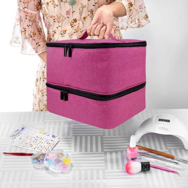 부루이스 매니큐어 정리함, 이중층 네일 도구 및 네일 건조기 케이스, 다양한 크기의 병 27개(15ml - 0.5 fl.oz 이상) 수용, 조절 가능한 칸막이가 있는 매니큐어 운반 케이스(핑크색)