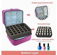 부루이스 매니큐어 정리함, 이중층 네일 도구 및 네일 건조기 케이스, 다양한 크기의 병 27개(15ml - 0.5 fl.oz 이상) 수용, 조절 가능한 칸막이가 있는 매니큐어 운반 케이스(핑크색)