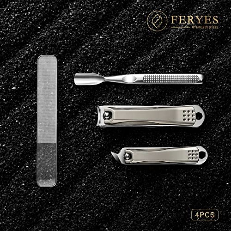 FERYES 손톱깎이 세트 - 매니큐어용 프리미엄 품질 스테인레스 스틸 발톱 및 손톱깎이 - 4개 네일 케어 도구 키트