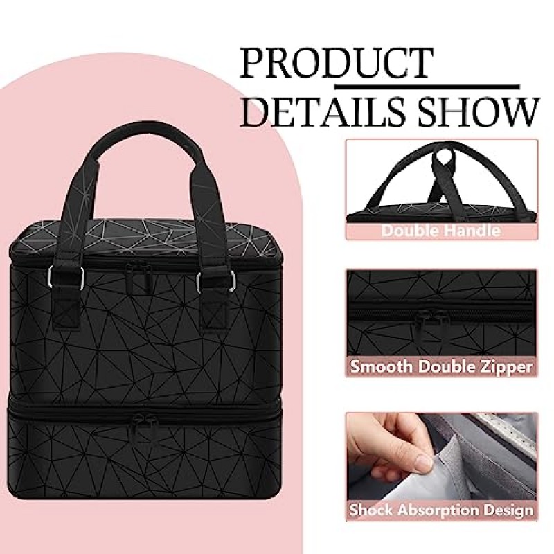 FCQQYWZ 매니큐어 정리함 케이스 - 42개 이상의 병(15ml/0.5 fl.oz) 및 네일 램프 1개 수용, 업그레이드된 이중층 매니큐어 운반 케이스 손잡이가 있는 매니큐어 보관 가방(검은색)