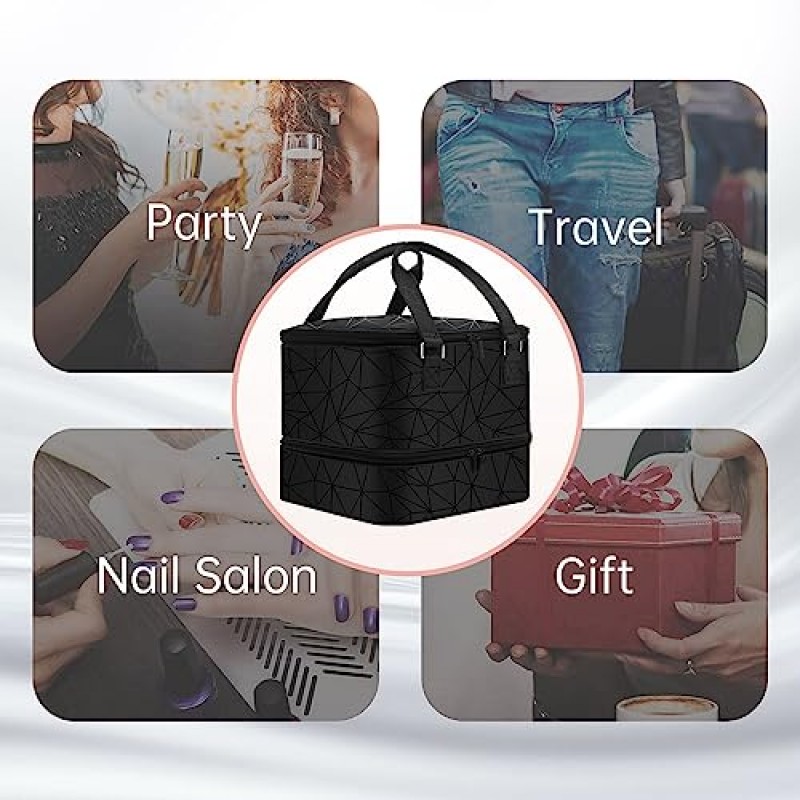 FCQQYWZ 매니큐어 정리함 케이스 - 42개 이상의 병(15ml/0.5 fl.oz) 및 네일 램프 1개 수용, 업그레이드된 이중층 매니큐어 운반 케이스 손잡이가 있는 매니큐어 보관 가방(검은색)