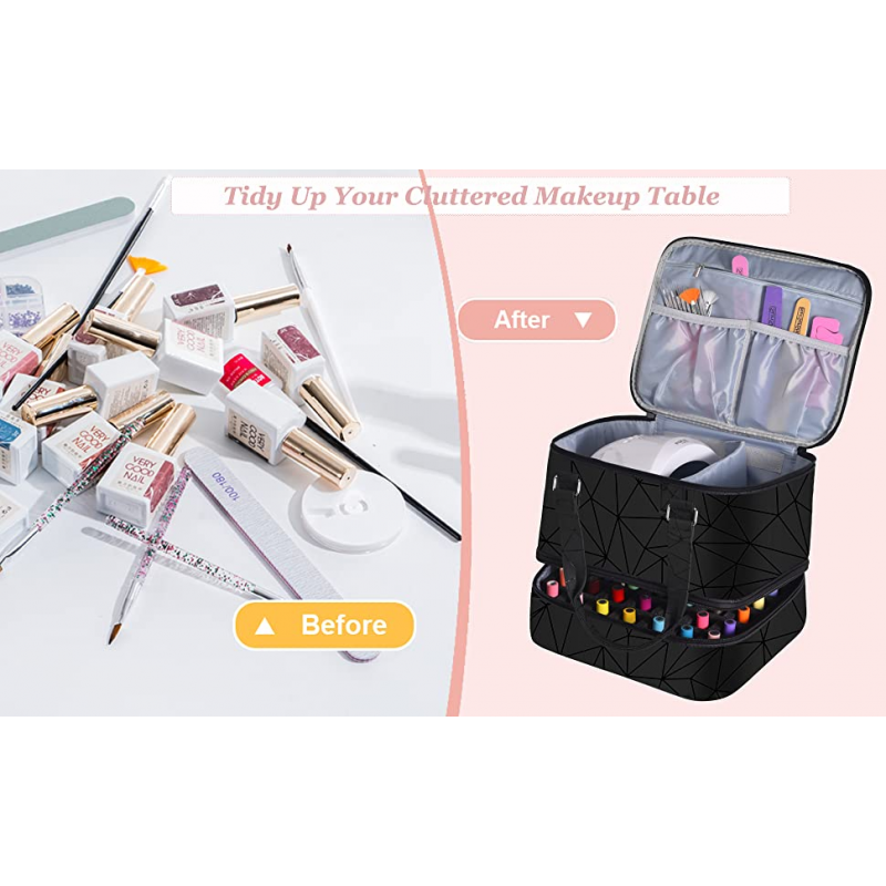 FCQQYWZ 매니큐어 정리함 케이스 - 42개 이상의 병(15ml/0.5 fl.oz) 및 네일 램프 1개 수용, 업그레이드된 이중층 매니큐어 운반 케이스 손잡이가 있는 매니큐어 보관 가방(검은색)