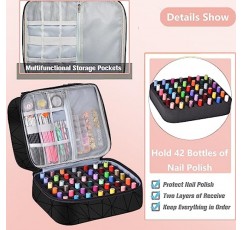 FCQQYWZ 매니큐어 정리함 케이스 - 42개 이상의 병(15ml/0.5 fl.oz) 및 네일 램프 1개 수용, 업그레이드된 이중층 매니큐어 운반 케이스 손잡이가 있는 매니큐어 보관 가방(검은색)
