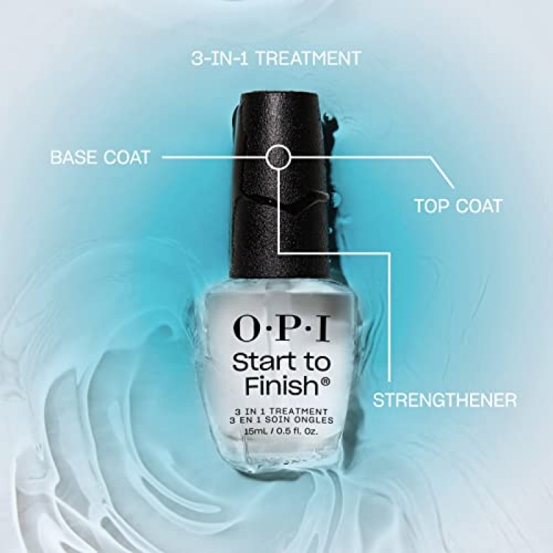 OPI 시작부터 끝까지, 3-in-1 트리트먼트, 베이스 코트, 탑 코트, 네일 강화제, 비타민 A & E, 비건 포뮬러, 오래 지속되는 윤기, 탑 코트로 최대 7일 지속, 투명, 0.5 fl oz