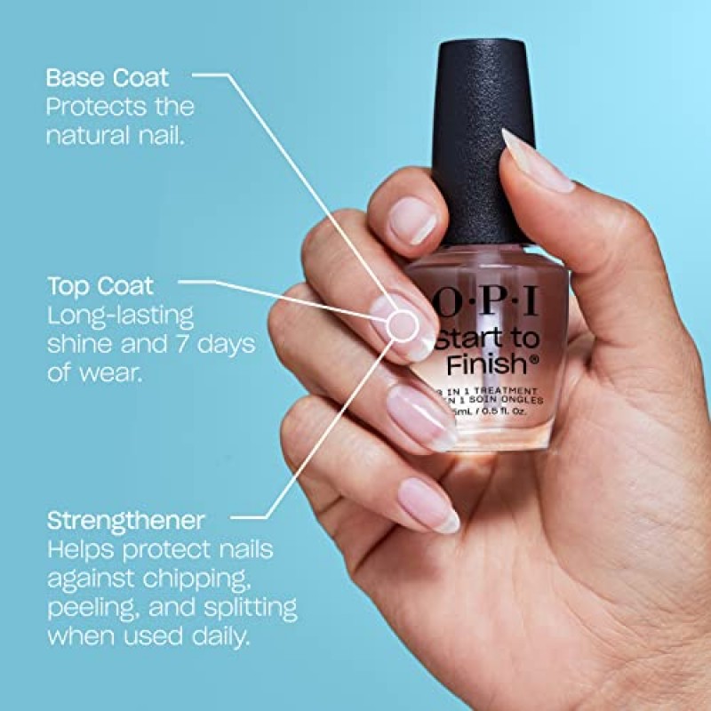 OPI 시작부터 끝까지, 3-in-1 트리트먼트, 베이스 코트, 탑 코트, 네일 강화제, 비타민 A & E, 비건 포뮬러, 오래 지속되는 윤기, 탑 코트로 최대 7일 지속, 투명, 0.5 fl oz