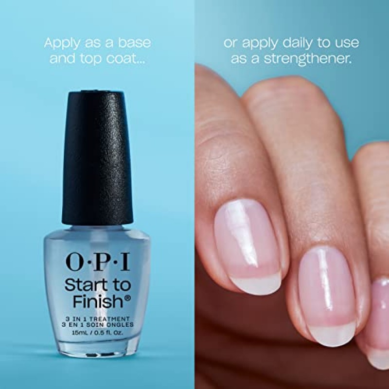 OPI 시작부터 끝까지, 3-in-1 트리트먼트, 베이스 코트, 탑 코트, 네일 강화제, 비타민 A & E, 비건 포뮬러, 오래 지속되는 윤기, 탑 코트로 최대 7일 지속, 투명, 0.5 fl oz
